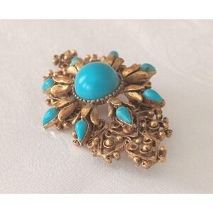 Vintage Florenza Flower Brooch Pin Filigree Faux Turquoise Cabuchon Gold Tone